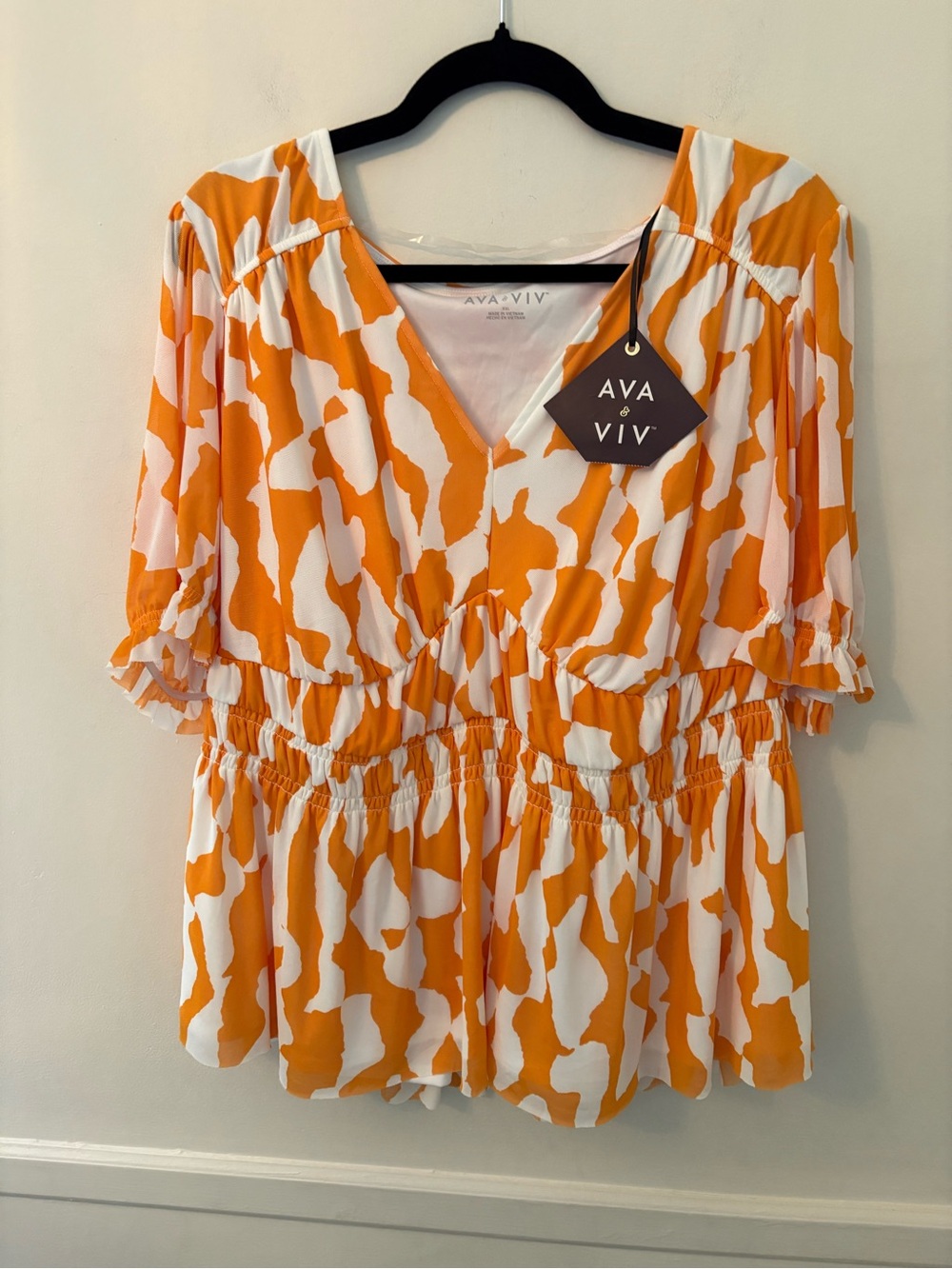 Ava & Viv XXL Orange Abstract Print Peplum V-Neck Blouse NWT Short Sleeve Top